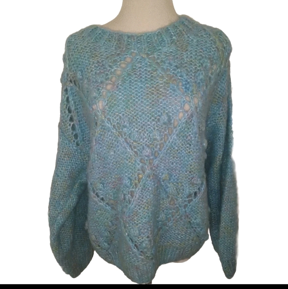 Grazia Hand Knit Made In Italy Blue Open Knit Sweater cottagecore Small